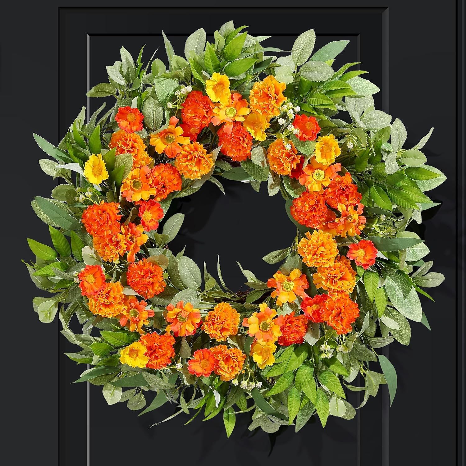 24 Inch Summer Wreaths for Front Door with Carnations, Daisies and Eucalyptus – Artificial Spring Summer Front Door Wreath for Farmhouse, Porch, Window, Wedding, Celebration, Indoor Outdoor Home Décor