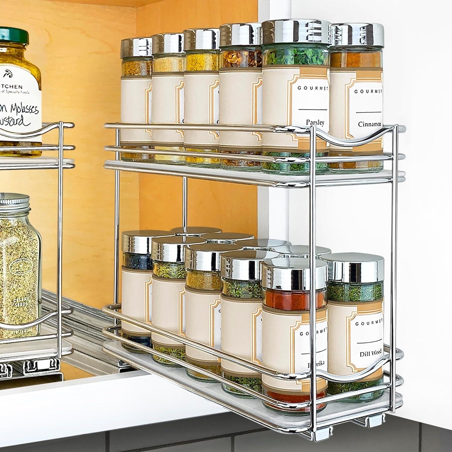 LYNK PROFESSIONAL® Pull Out Spice Organization for Cabinets – 4-3/8 inch Wide – Spice Rack for Inside Cabinets, Slide Out Spice Rack Organizer for cabinet – Pull Out Spice Rack, Sliding 2 Tier Chrome