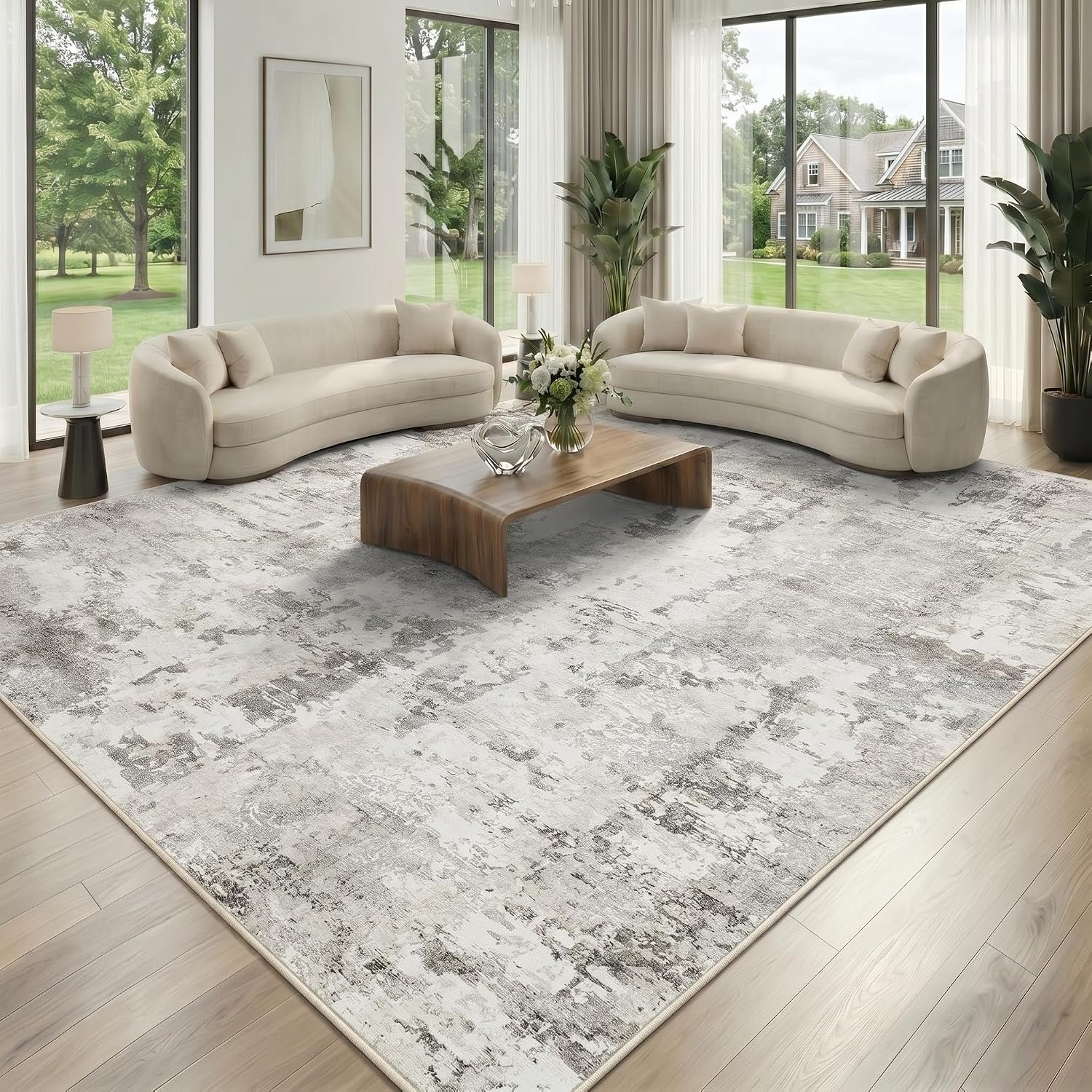 GarveeHome 5×7 Abstract Area Rug, Washable Soft Low Pile Non Slip Accent Rug for Living Room, Bedroom, Dining Room, Modern Neutral Beige Indoor Carpet