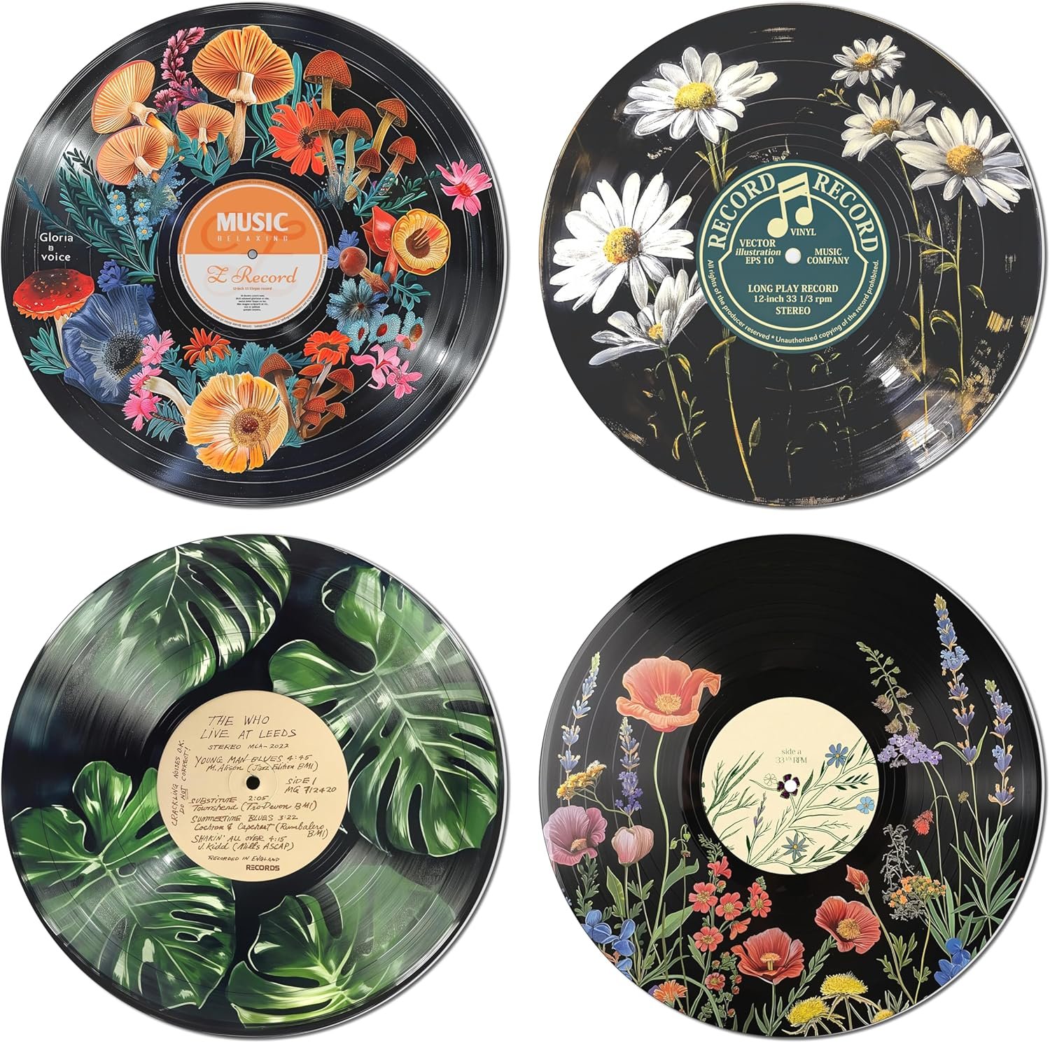 HK Studio Hippie Decor, Posters for Room Aesthetic – Botanical Wall Art, Record Decor, 4pcs 12″