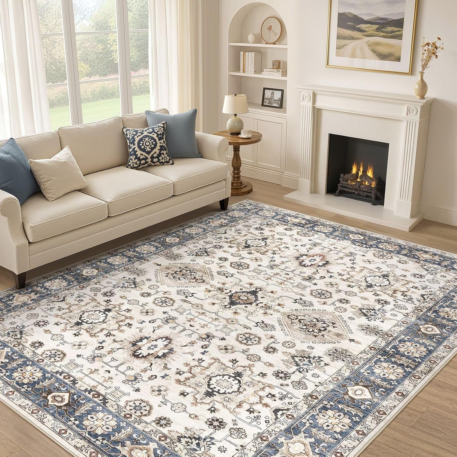 9×12 Area Rug for Living Room, Washable Vintage Pattern, Non-Slip Stain Resistant Soft Durable Floor Rug for Bedroom & Dining Room – (Blue & Beige)