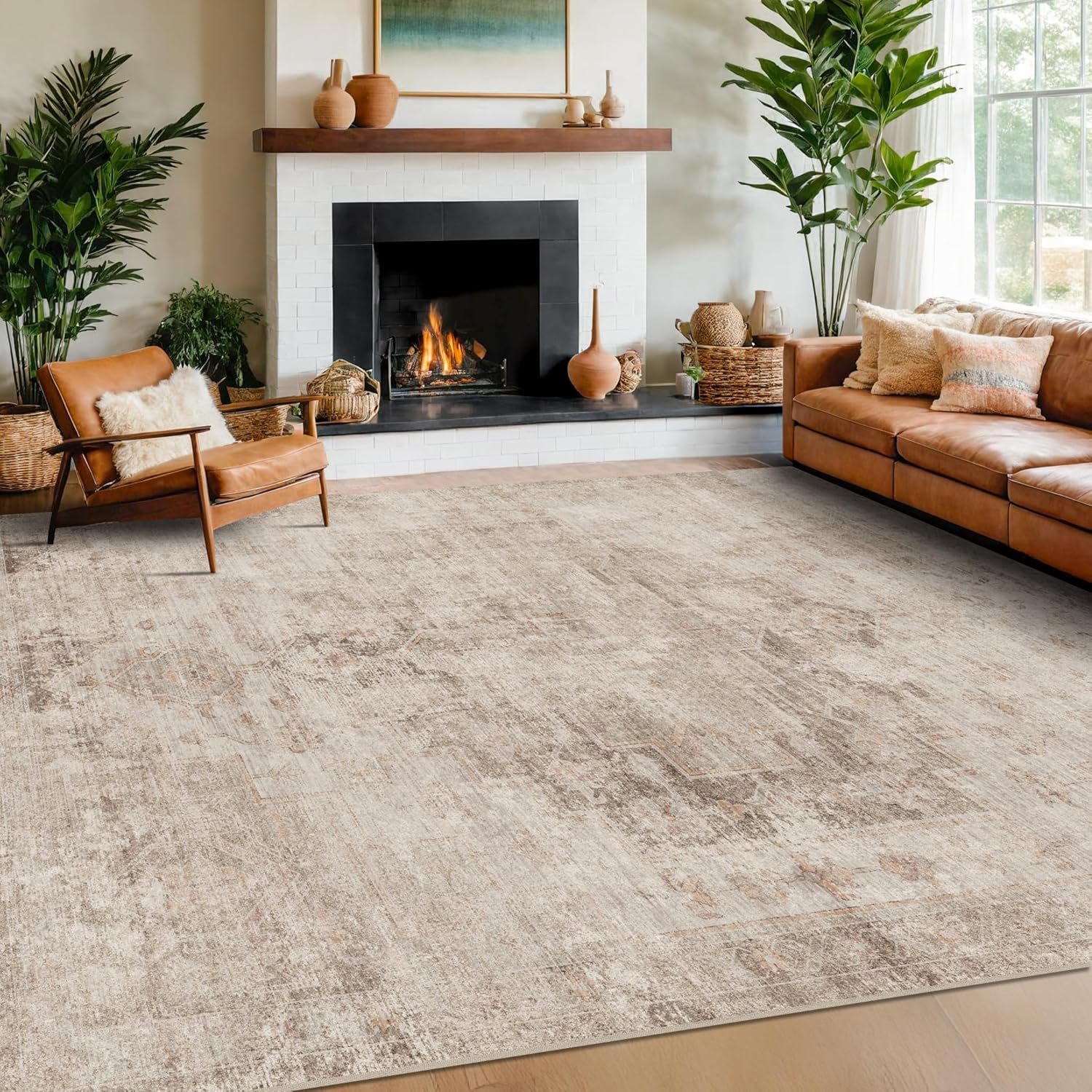 Hazo Haus Farmhouse Area Rugs for Living Room, 8×10 Washable Abstract Rug for Bedroom, Dining Room Under Table and Home Office, Ultra-Soft Low Pile Design, Stain Resistant (Beige/Brown/Peach)