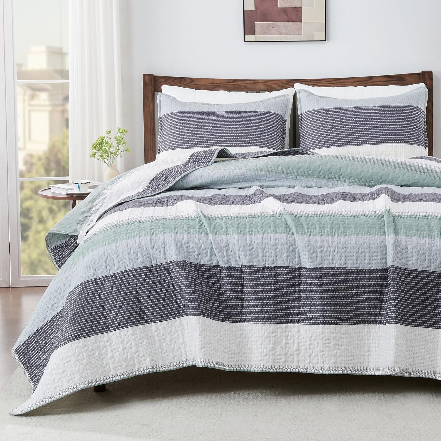 Andency Queen Quilt Bedding Set Sage Green, 3 Pieces Patchwork Mint Green Striped Ultra Soft Lightweight Bedspreads, Coverlets Set with 2 Pillow Shams for All Seasons (90″x96″)