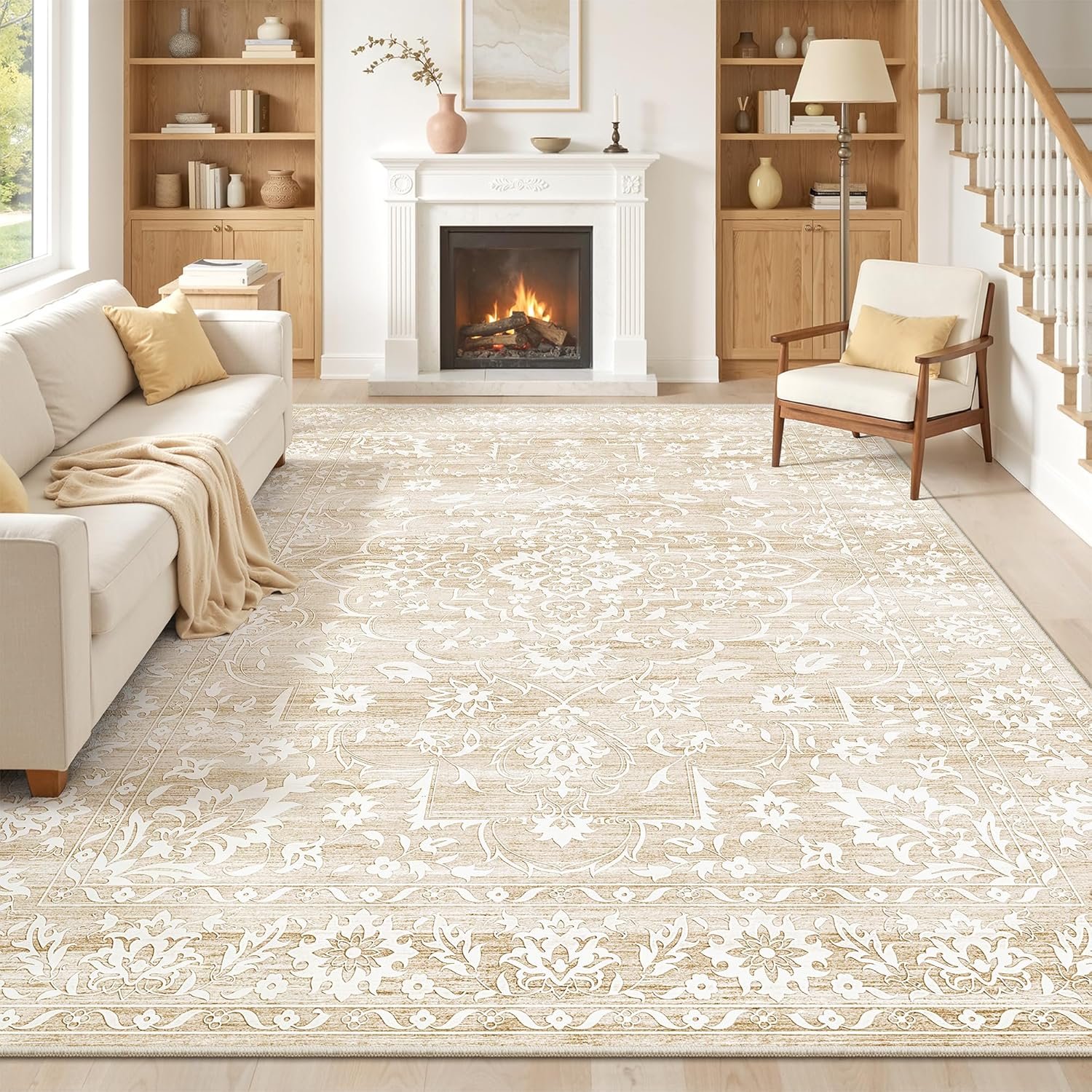 Soalmost 8×10 Washable Area Rugs for Living Room, Vintage Floral Non-Slip Low Pile Neutral Rug Soft Throw Large Carpet for Dining Room Bedroom Home Office (Beige, 8’x10′)