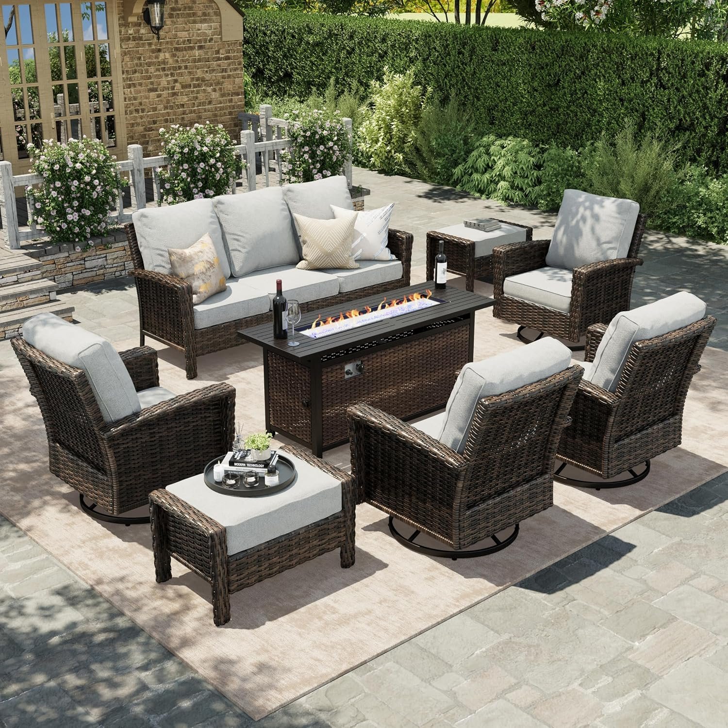 HERA’S HOUSE 8-Piece Outdoor Furniture Set with Fire Pit Table, Patio Conversation Set with 5.5″ Thick Cushions & High Back Swivel Chairs, All-Weather Wicker Deep Seating Sofa with Ottomans, Grey
