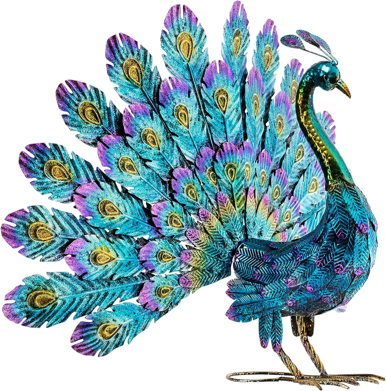 Alpine Corporation 23″ Tall Outdoor Metal Peacock Statue, Multicolor | Vibrant multicolor peacock statue with a detailed tail spread for gardens, patios, lawns, and entryways