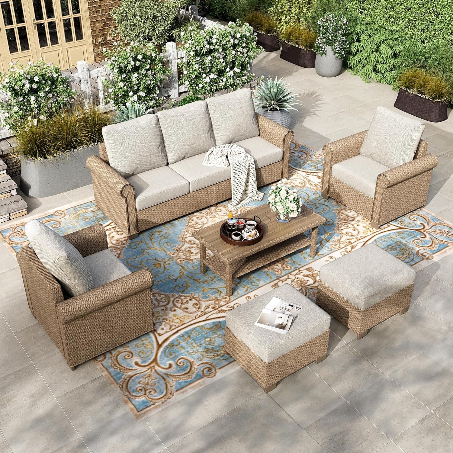 HERA’S HOUSE Patio Furniture Set, 4 x Cushioned Chairs, 3-Seat Sofa with Wood Grain Coffee Table, 5 Seats Luxury Windsor Style All Weahter Outdoor Sofa Conversation Set for Deck Lawn Backyard