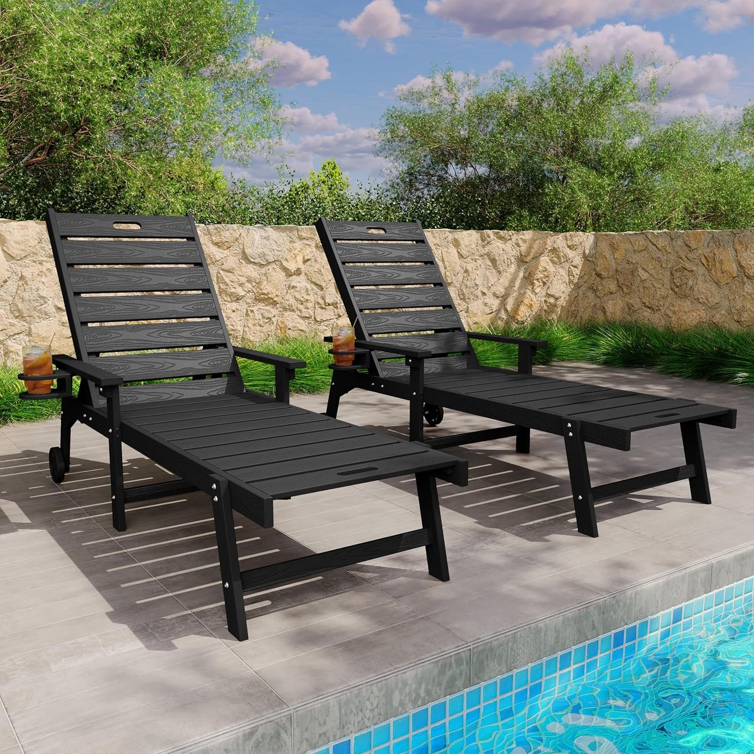 YEFU Lounge Chair Outdoor Set of 2: Outdoor Chaise Lounge with 5-Level Adjustable Backrest, Cup Holders & Wheels, All-Weather Resistance Chaise Lounge for Outside/Patio/Beach/Deck, Black