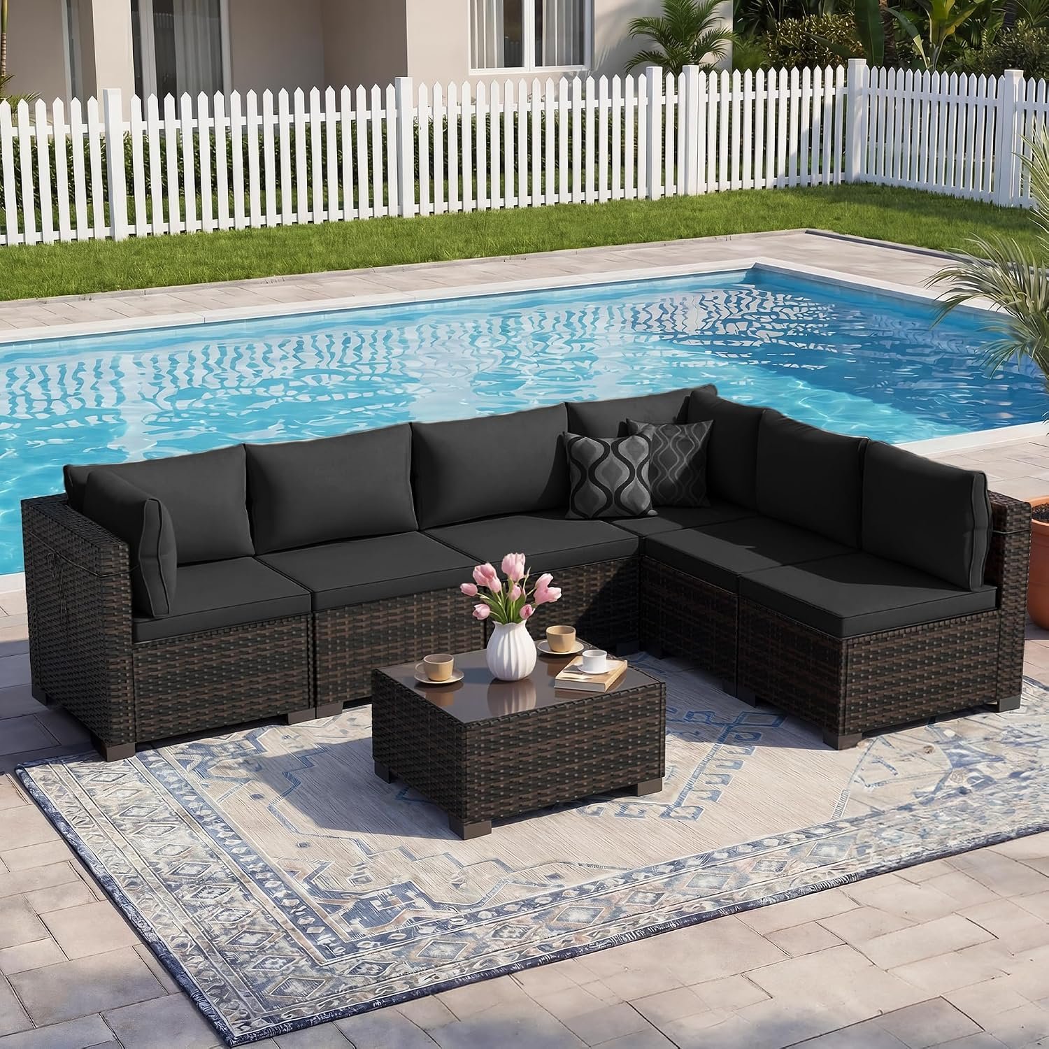 CHABATREE 7-Piece Outdoor Patio Furniture Sets, Manual Weaving Rattan Conversation Sectional Sofa with Tempered Glass Coffee Table, All-Weather PE Wicker & Thick Cushions for Garden, Backyard, Porch