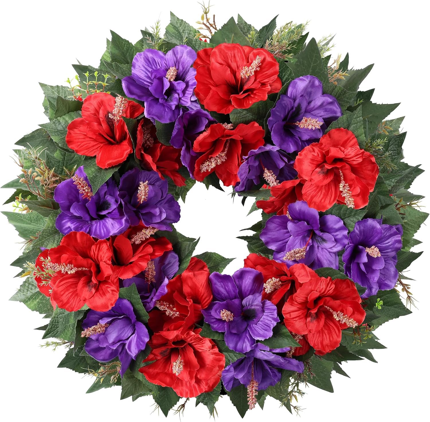 Spring Wreaths for Front Door 17.7 Inch Artificial Hibiscus Purple & Red Summer Wreath with UV Resistant Realistic Fake Flowers for Indoor Outdoor Window Wall Farmhouse Porch Home Decor