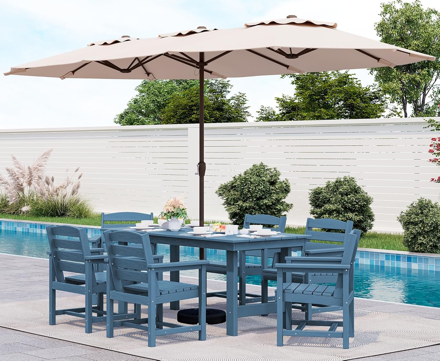 SERWALL 8-Piece Patio Dining Sets with 15FT Double Side Patio Umbrella, Outdoor HDPE Dining Furniture Set with Umbrella Hole Cut-Out Table and 6 Chairs, Blue（Umbrella Base not Included）