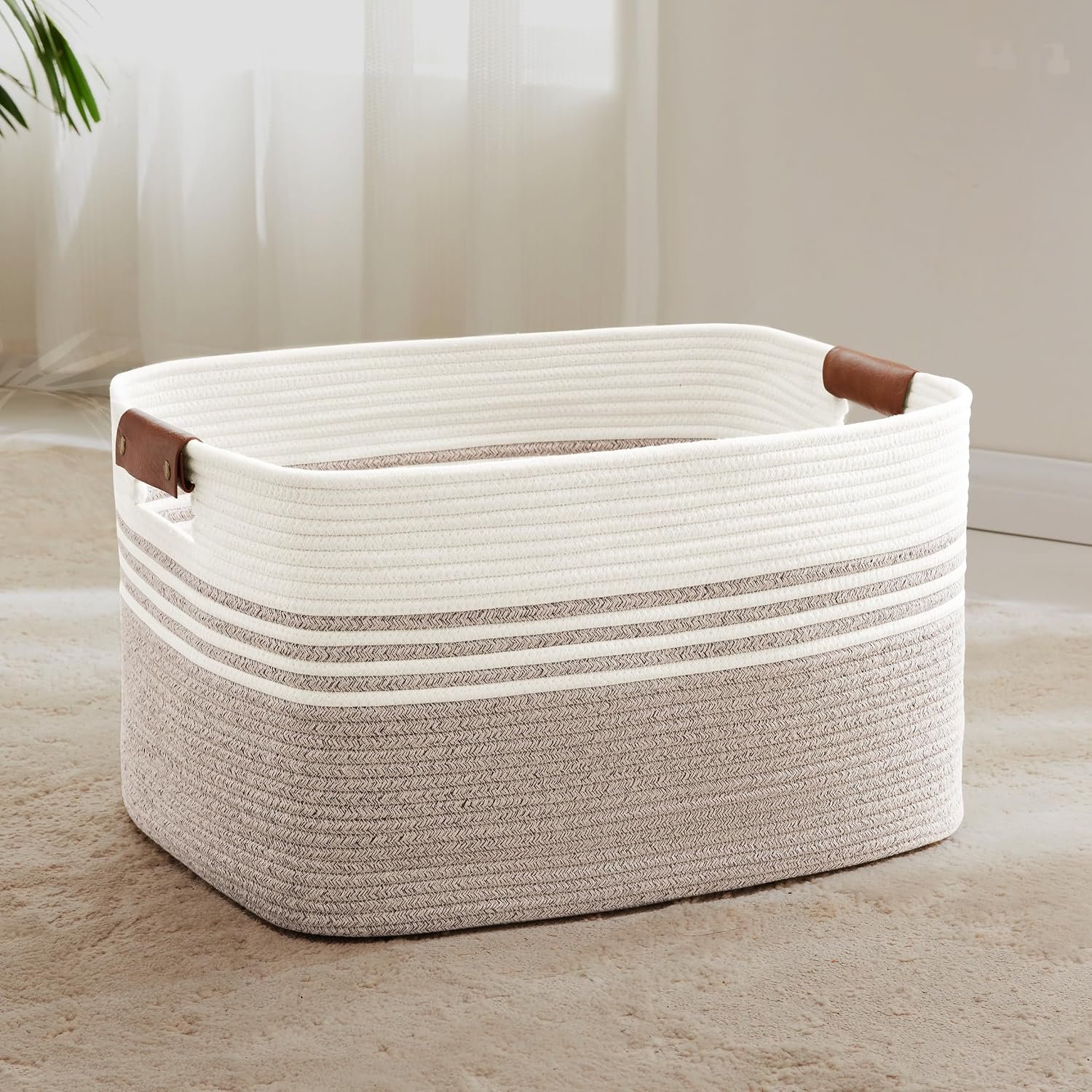 72L Large Laundry Basket with Leather Handles for Living Room Storage, Woven Rope Baskets Bin for Blanket, Kids Toy, Gifts, Wicker Hamper for Bedroom Dirty Clothes, 22″x17″x12″ White Brown