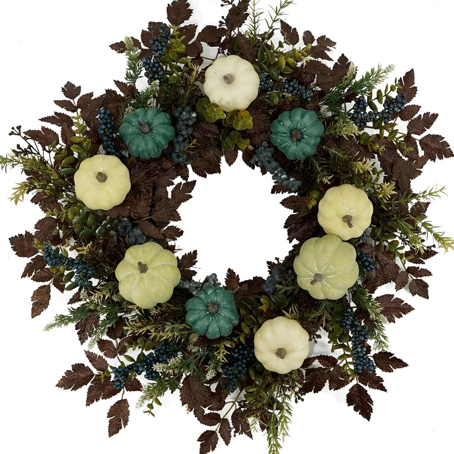 AMF0RESJ Fall Wreaths for Front Door 24″ Thanksgiving Autumn Wreath with Pumpkins,Cimicifuga Plant Leaves,Berry for Front Door Indoor Outdoor Farmhouse Home Porch Window Festival Wedding Decoration