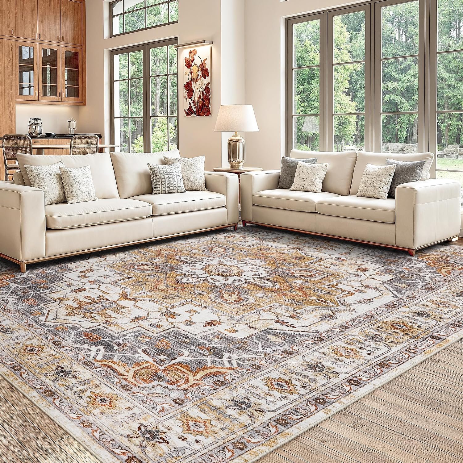 befbee Washable Area Rug 8×10, Large Soft Rugs for Living Room Stain Resistant Non-Slip Backing Rugs for Bedroom, Vintage Clearance Large Area Rug (Turmeric/Grey,8’x10′)