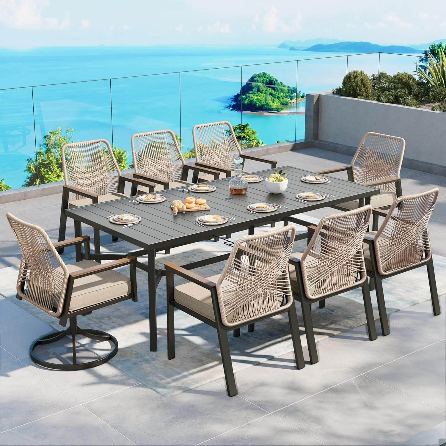 Patio Dining Set 9 Piece, 6 Woven Rattan Fixed Chairs and 2 Swivel Chairs with Waterproof Cushion, 83″ Metal Rectangular Table with Umbrella Hole, Outdoor Table Set for Backyard Lawn Deck, Beige