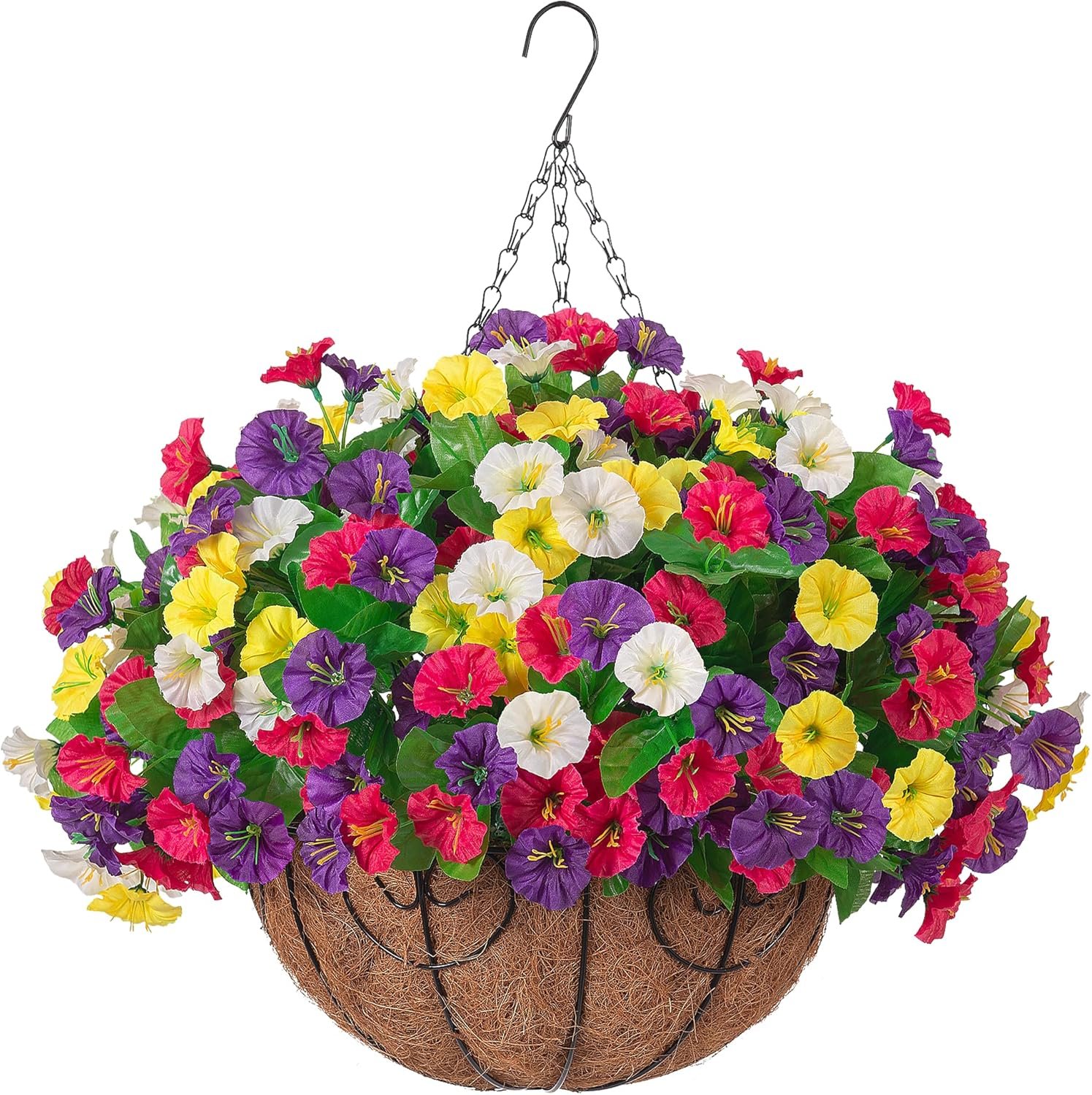 Ammyoo Artificial Fake Hanging Flowers with Basket, Faux Silk Morning Glory Flower Arrangement for Spring Summer Decor, Hanging Plant for Patio Garden Porch Outdoor Decor