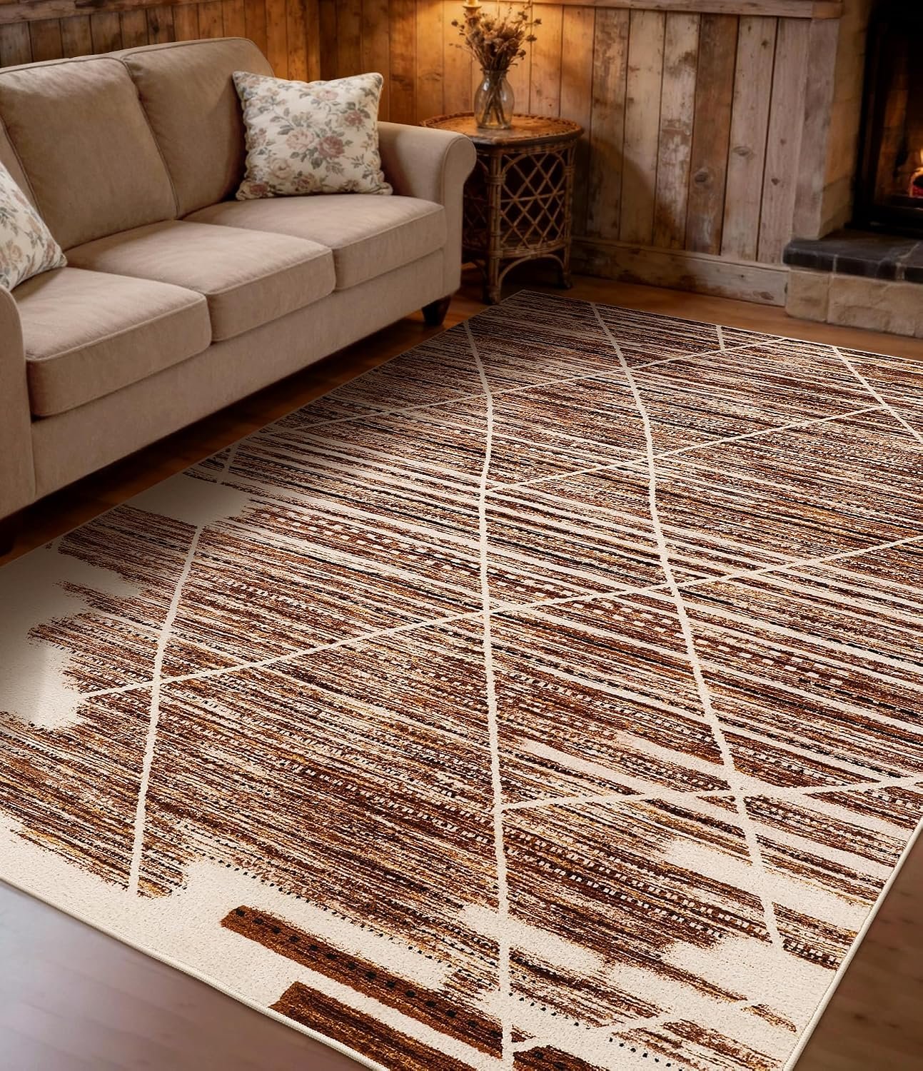 YIHOUSE Washable 5×7 Area Rugs for Living Room,Vintage Western Rug for Bedroom Playroom Non Slip Low Pile Carpet, Soft Brown Ivory Geometric Carpet for Home Decor