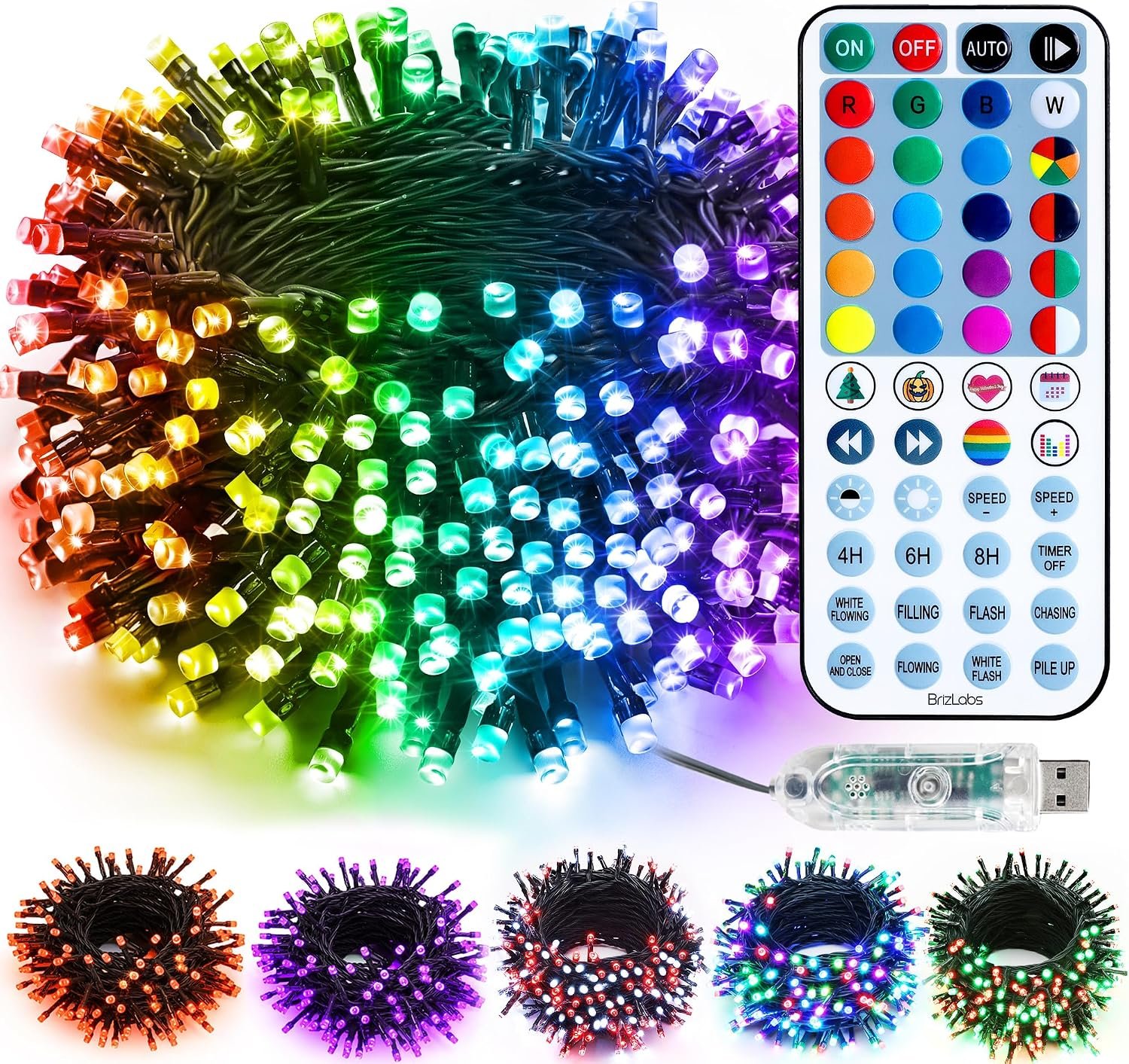 BrizLabs RGB Color Changing String Lights, 33FT 100 LED USB Orange Purple Halloween String Lights with Remote, Dimmable Christmas Light String Mini Christmas Light for Indoor Xmas Halloween Party Tree