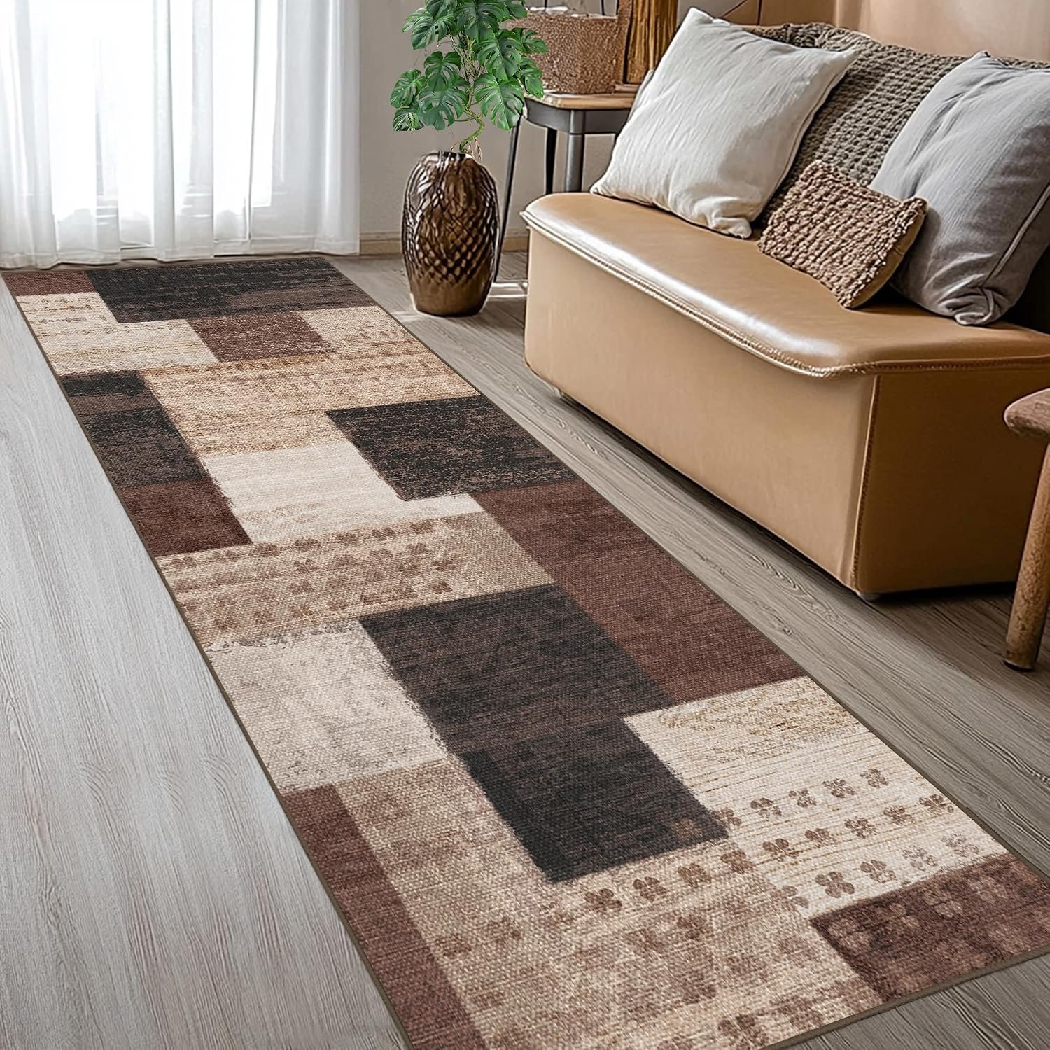 Modern Geometric Patchwork Indoor Runner Rug for Living Room, Chocolate 2’x 6′ Rug Rockwood Collection Hardwood Floors Decor for Bedroom, Brown Throw Carpet for Office Entryway Dining Room