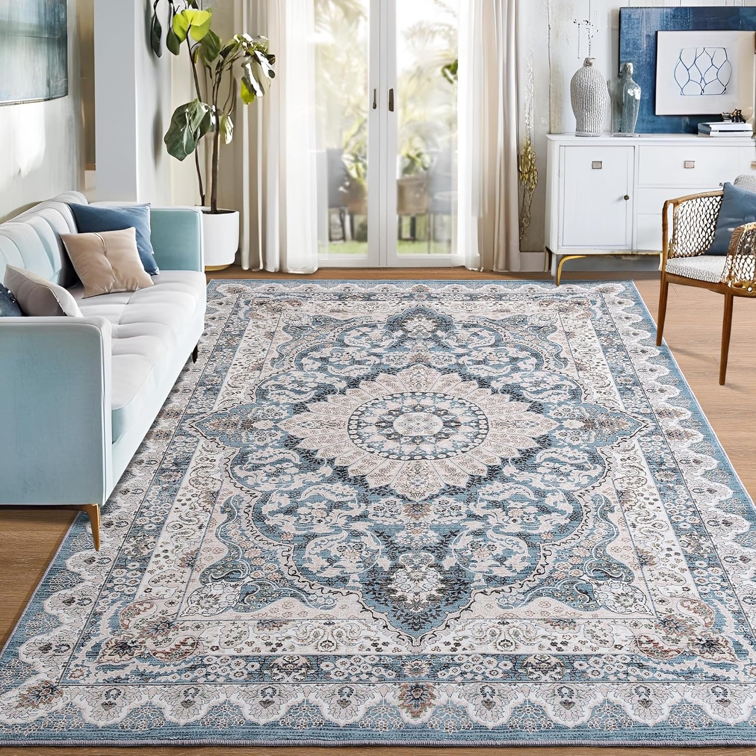 Foxmas 6×9 Area Rugs for Living Room, Machine Washable Vintage Rug, Non-Slip Low Pile Throw Rugs with Rubber Backing Washable Carpet for Bedroom Dining Room Kitchen Home Decor, Blue