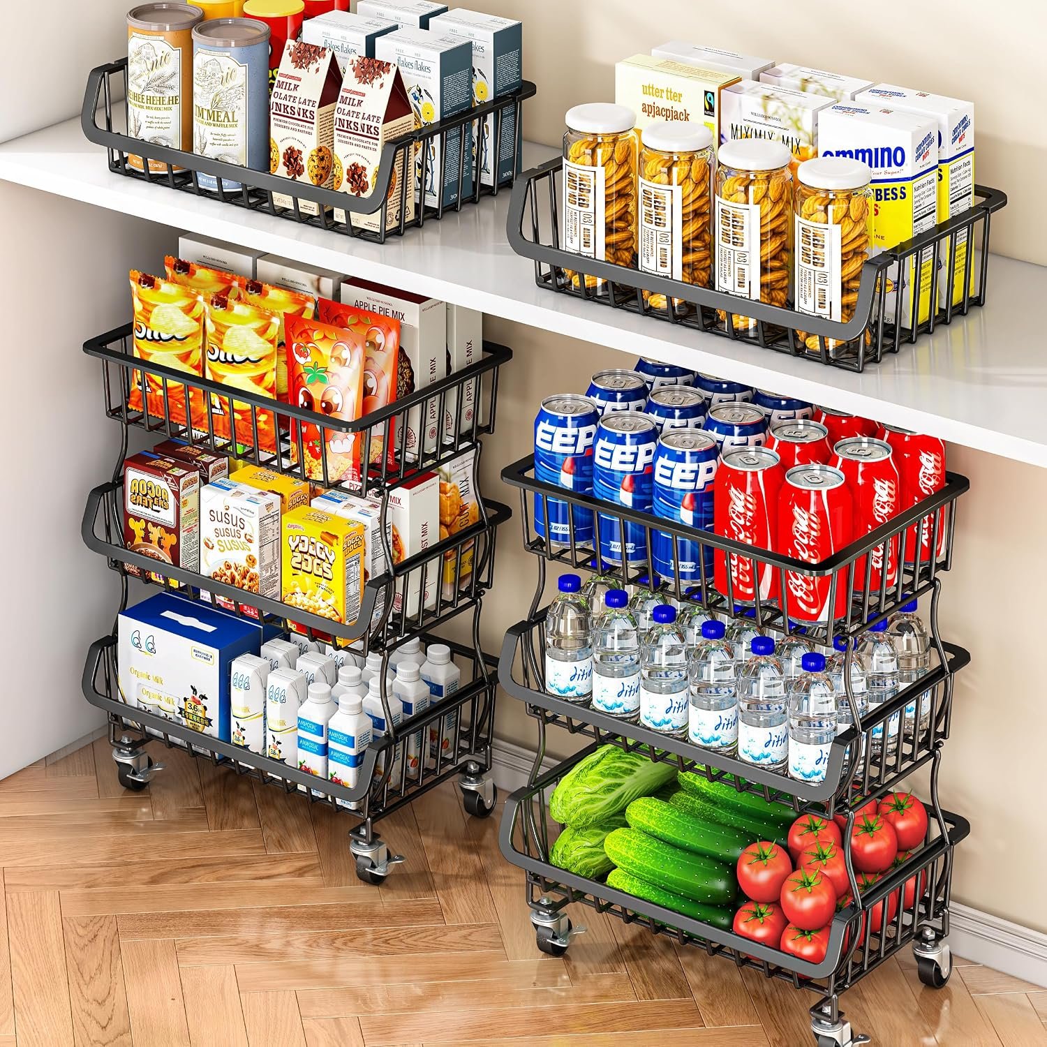 Gsiekare 3-Tier Rolling Pantry Organizer and Storage Cart with Wheels | Stackable wire pantry baskets for pantry shelves, fruit basket stand, easy to move, storage rack for food snack onion potato