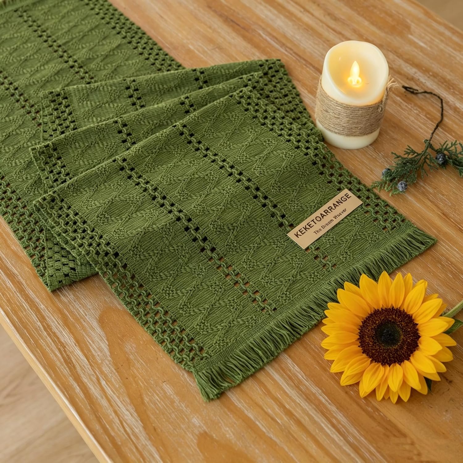 Keketoarrange Boho Sage Green Table Runner for Summer Home Decorations 12×72 Inches Farmhouse Small Macrame Woven Burlap Rustic Coffee Dresser Dining Kitchen Centerpiece Bohemian Decor