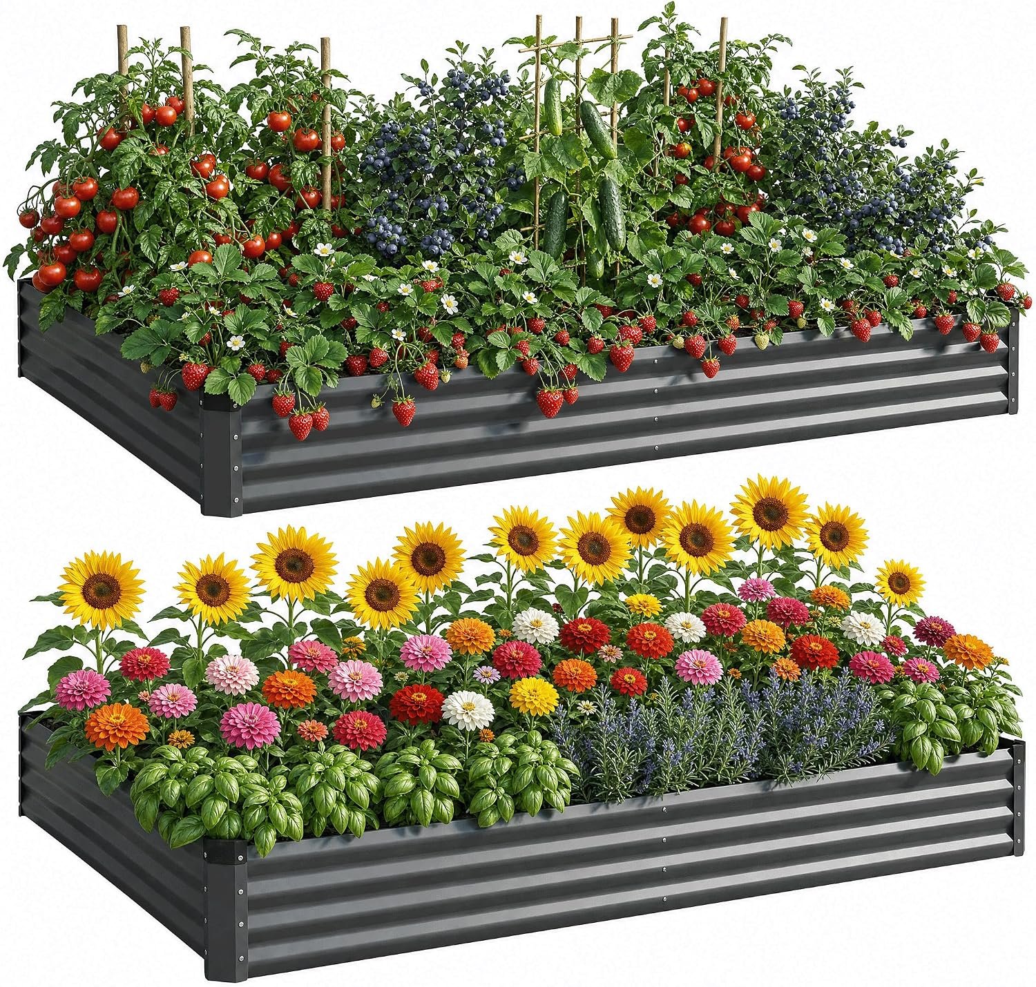2PCS 6x3x1 FT Rectangle Metal Raised Garden Bed Kit, 0.5mm Thickened Dark Gray Color-Coated Galvanized Steel Outdoor Planter Box, Elevated Metal Raised Planters for Flowers, Vegetables, Fruits, Herbs