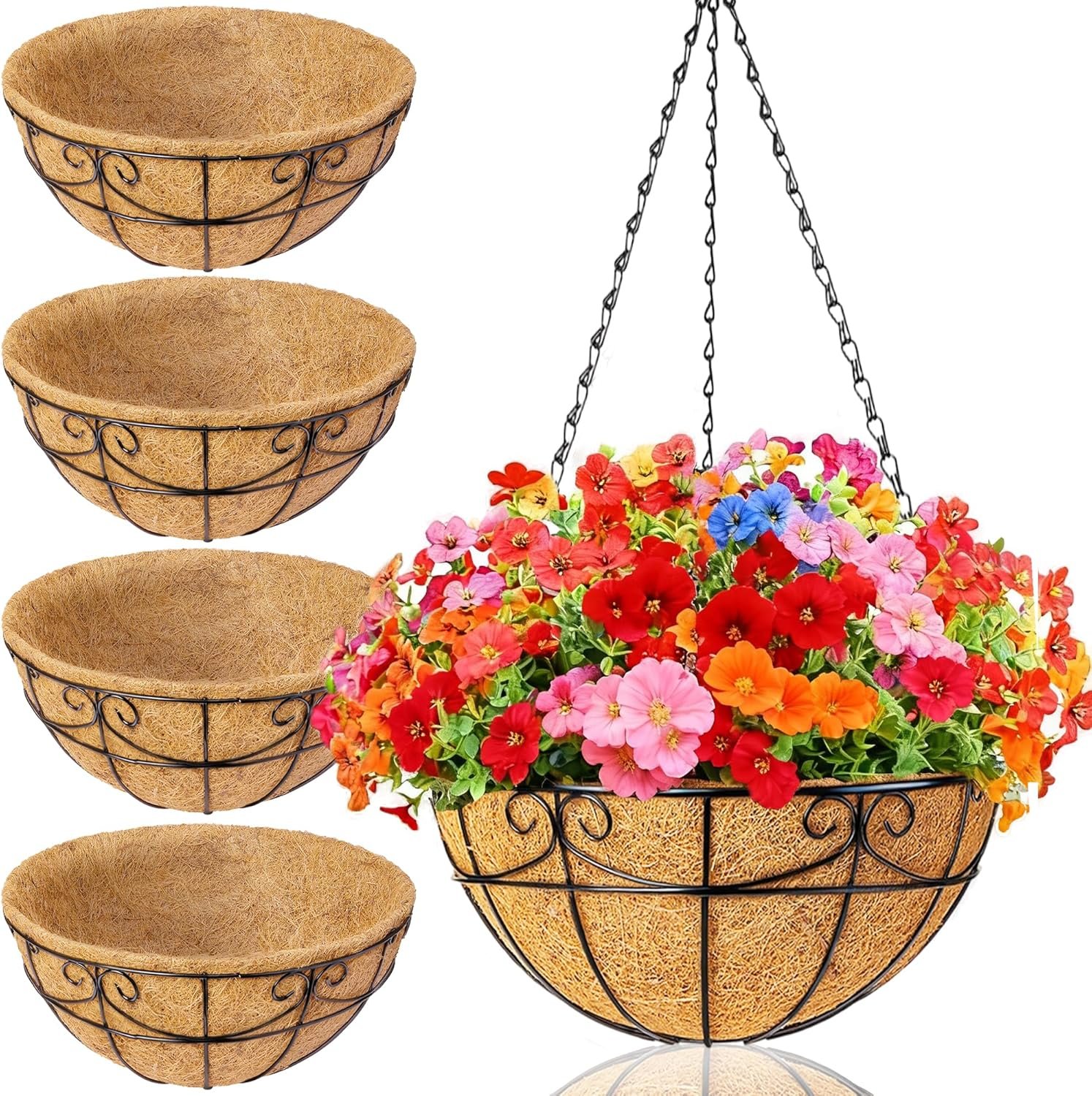 4 Pack 12 Inch Hanging Baskets for Plants Outdoor – Metal Hanging Planters for Outdoor Plants with Coco Liners – Heavy Duty Empty Hanging Flower Pots for Porch Patio Garden
