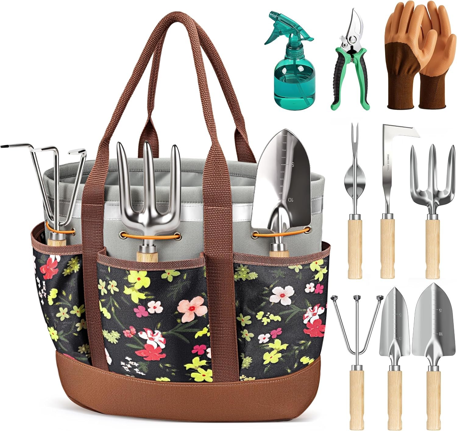 10-Piece Garden Tool Set, Heavy-Duty Stainless Steel Rust-Proof Gardening Tools with Ergonomic Wood Handles, Reinforced Organizer Handbag for Planting, Gardening Gift Set for Women, Mother