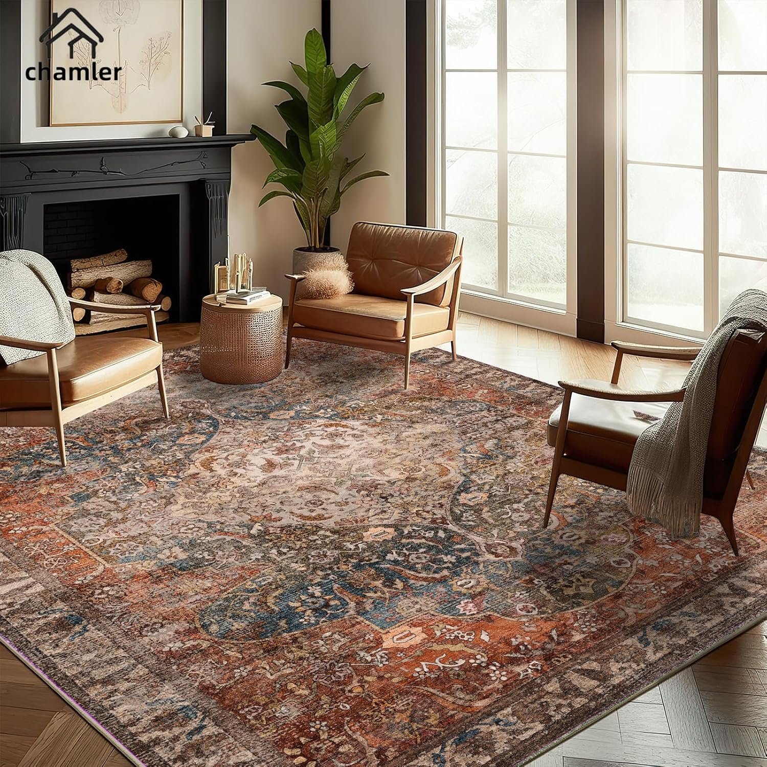 chamler 8×10 Area Rug Washable Vintage Traditional Mat Distressed Indoor Foldable Thin Retro Accent Floral Non Slip Carpet Rugs for Living Room Dining Room Office