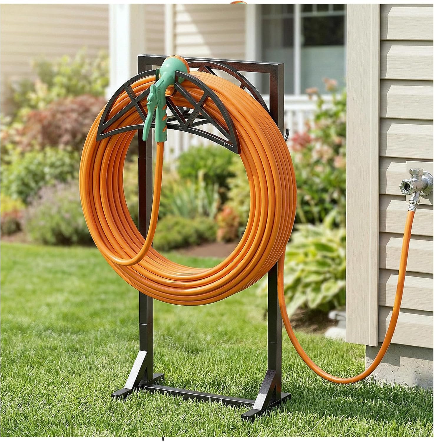Garden Hose Holder, Heavy-Duty Water Hose Reel with Stable Base & 2 Tool Hooks, Freestanding Storage Rack for Outside, Holds 150ft – Metal Stand for Yard & Lawn