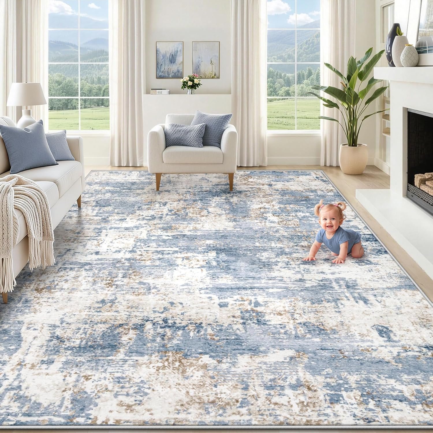 XLUEZ 8×10 Area Rugs for Living Room, Washable Modern Abstract Large Area Rug Neutral Soft Non Slip Kids Rug Stain Resistant Indoor Carpet for Bedroom Nursery Dining Children’s Room(Blue, 8’x10′)