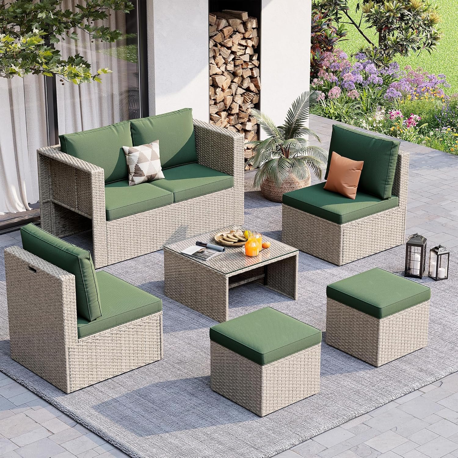 Amopatio Patio Furniture Set, All-Weather Wicker Outdoor Conversation Set with Glass Coffee Table, Cushions & Ottomans for Deck Backyard Porch Lawn Green