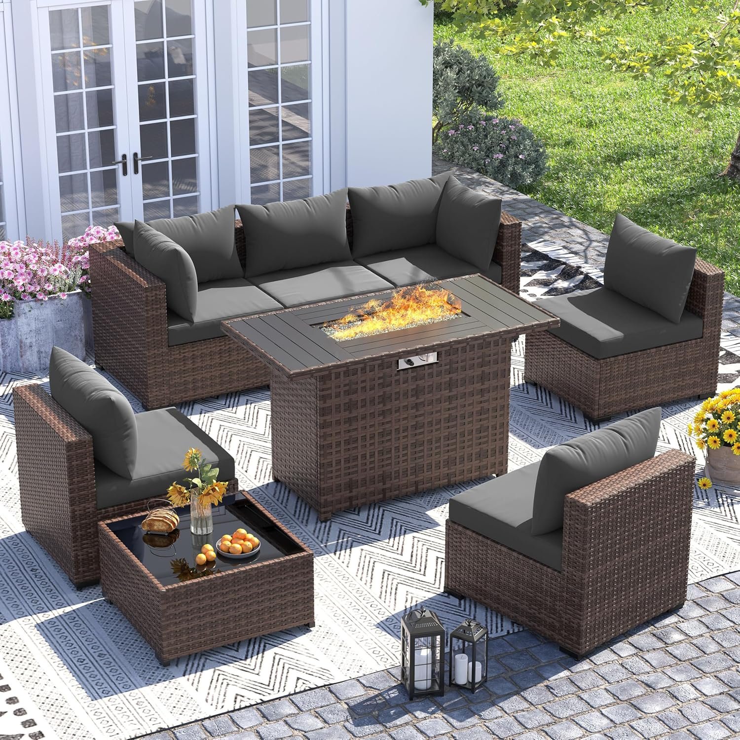 UDPATIO Furniture Set with Fire Pit Table, 8 Piece Sectional Sofas, All-Weather Wicker Conversation for Garden, Backyard, Dark Grey