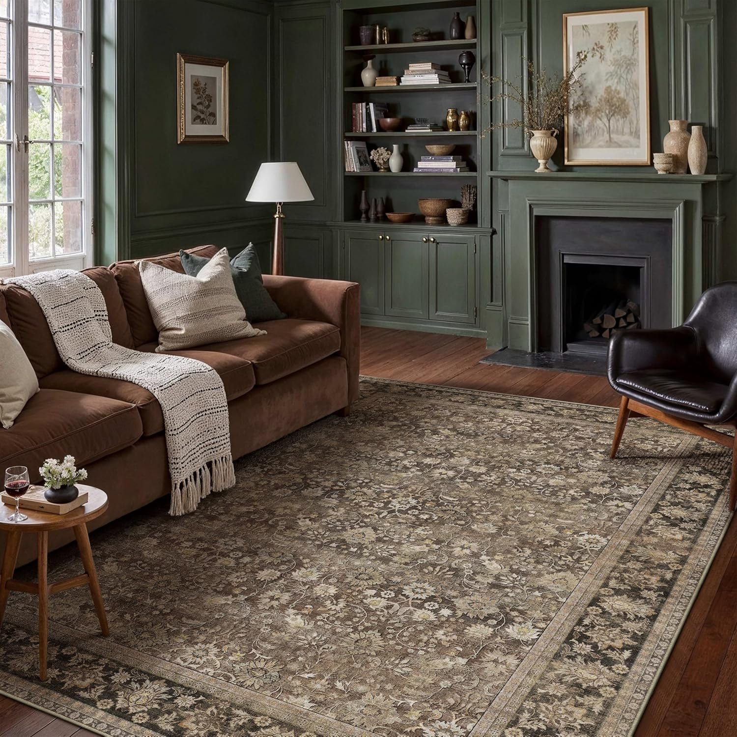 HUGEAR 8×10 Machine Washable Rugs Brown Hallway Large Area Rug Indoor Accent Rug Floral Low Pile Carpet Soft Throw Aesthetic Rug Bedroom Living Room Office Dining Room Kitchen Laundry Room