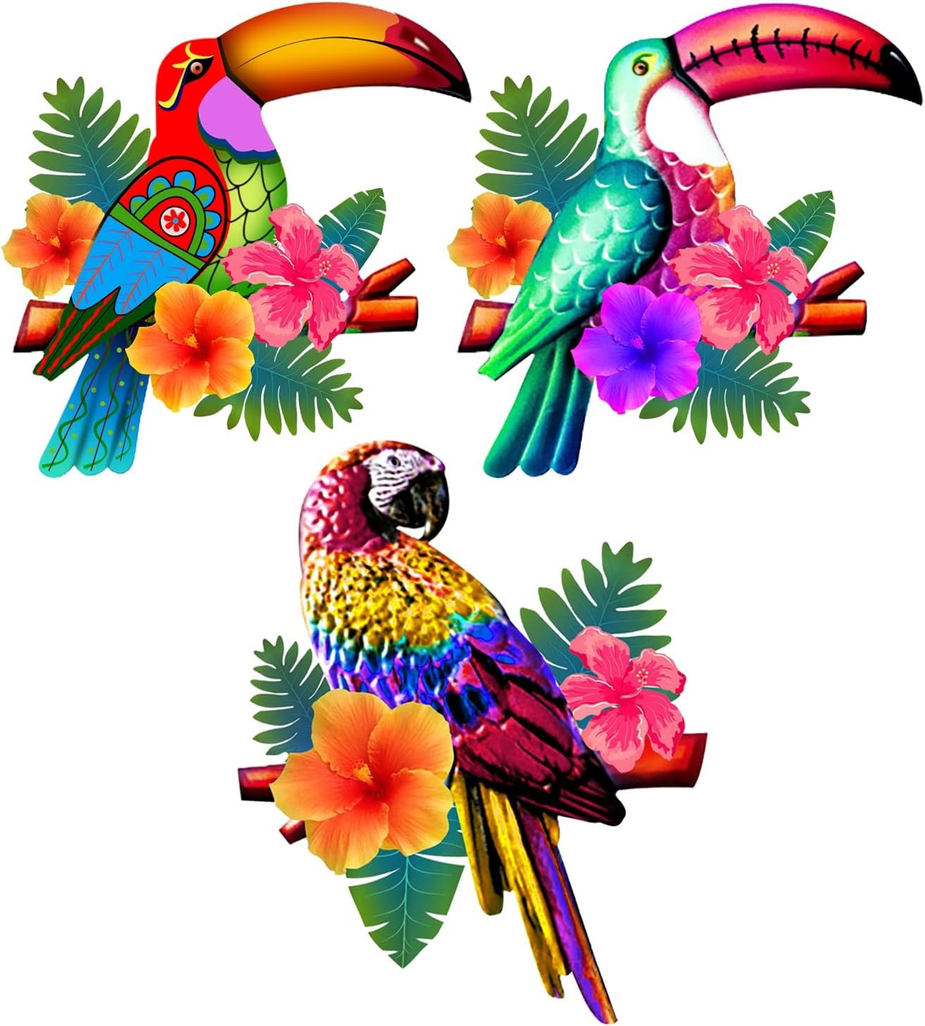 Meduofon 3 Pack Metal Birds Wall Art Decor, Beautiful Parrot Toucan Outdoor Wall Decor for Patio Wall Fence Deck Garden Home Balcony Tropical Bird Macaw Wall Sculpture Hanging for Indoor Outdoor