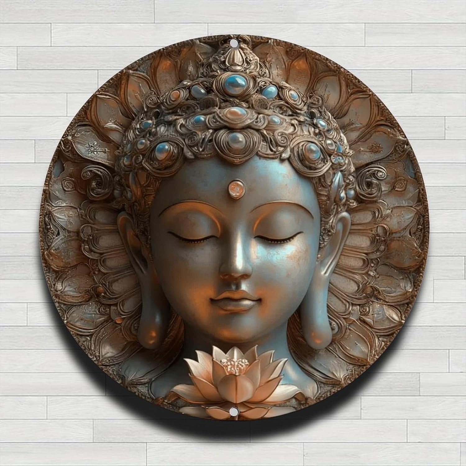 Jeweled Buddha Head With Lotus Vintage Rustic Aluminum Metal Round Wall Sign, No Real Clock, 8-inch Indoor Outdoor Gifts And Decor for Home, Office, Cafe & Yard