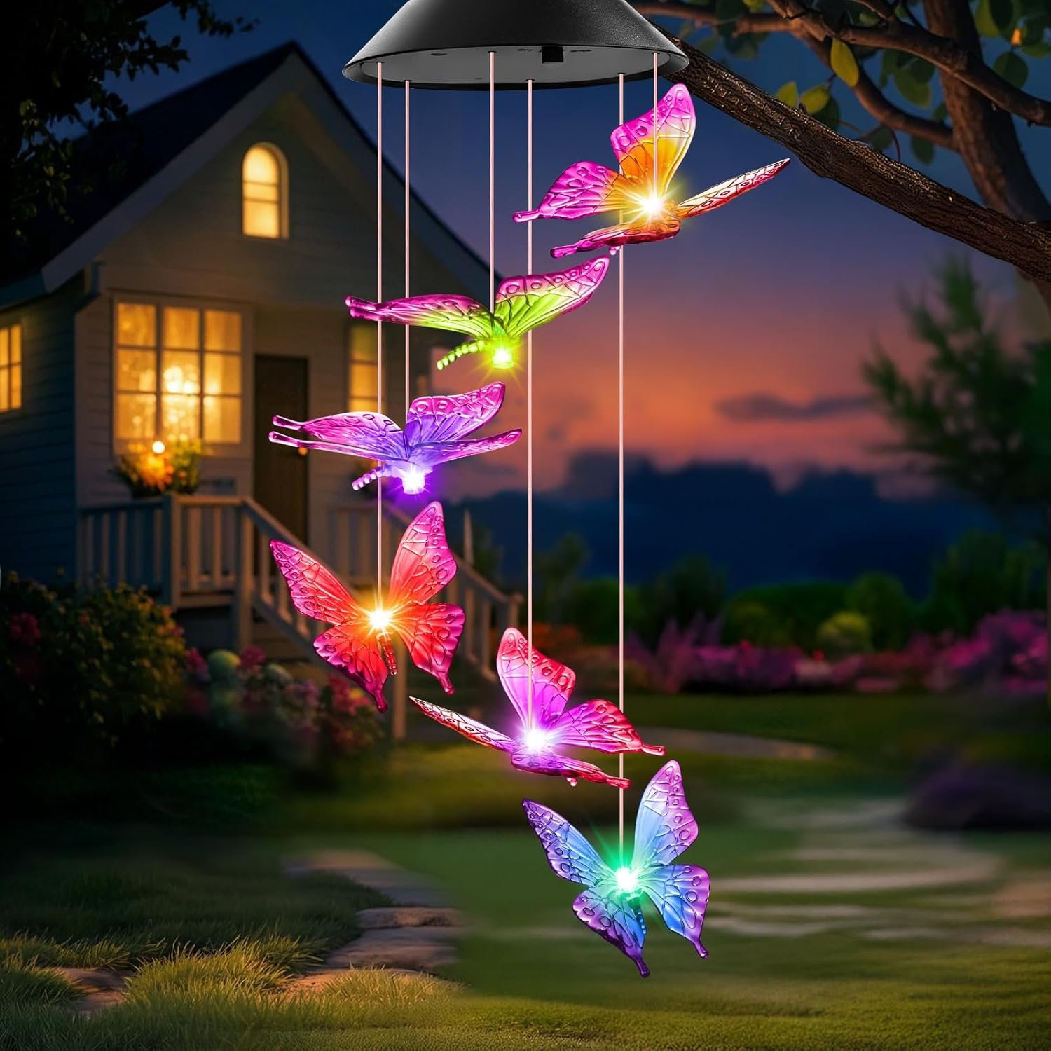 Winzwon Solar Wind Chimes, Christmas Gardening Butterfly Gifts for Women | White Elephant Birthday Gifts for Grandma Nana Wife Sister, Solar Lights Outdoor for Outside Garden Yard Patio Porch Decor