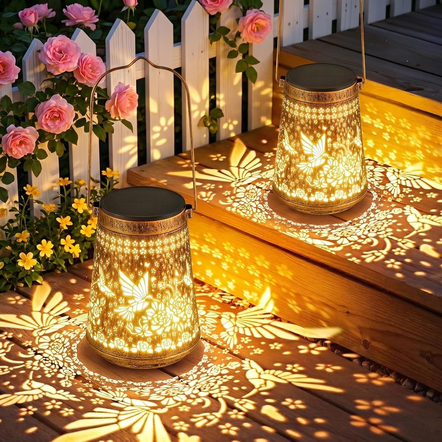 2 Pack Solar Lanterns Outdoor Waterproof Birthday Gifts for Women Mom Grandma, Hollowed-Out Metal Hummingbird Hanging Solar Lantern Lights Garden Decor, 2 Modes Hanging Solar Lights for Yard, Patio
