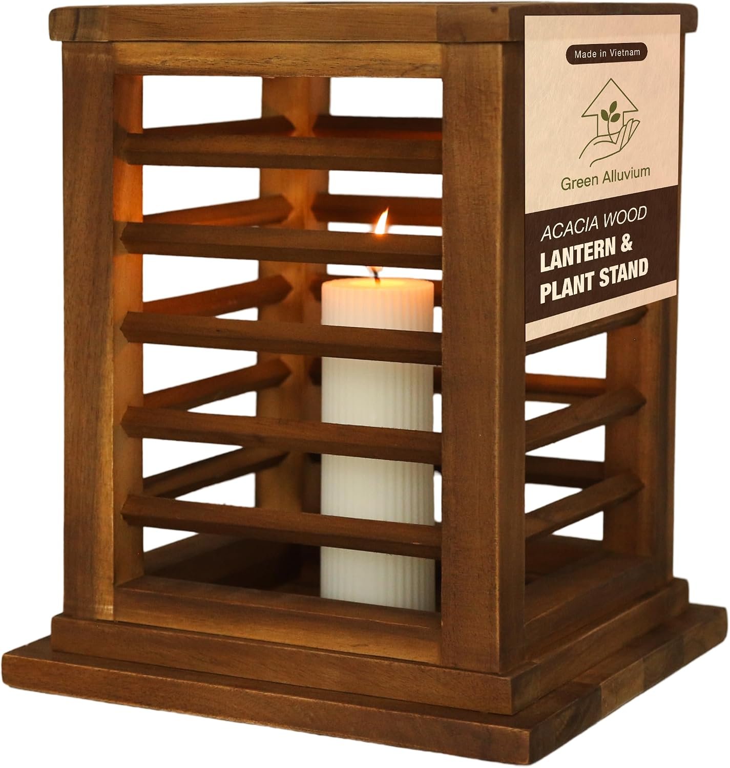 Premium 11.5″ H Lantern Decorative Indoor & Outdoor – Large Wooden Candle Lantern & Plant Stand for Holiday Decor, Farmhouse, Patio, Table, Golden Teak Finish
