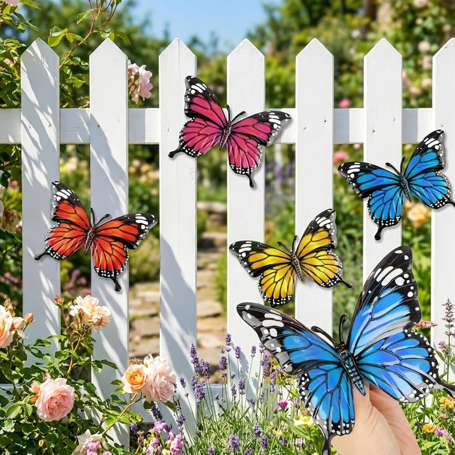 Metal Butterfly Wall Decor 6.7-Inch 1-Piece Outdoor Art for Garden Patio | Hand painted colors, protective coating, rear hanging hook, adjustable wings, indoor display, fences, balconies, entryways
