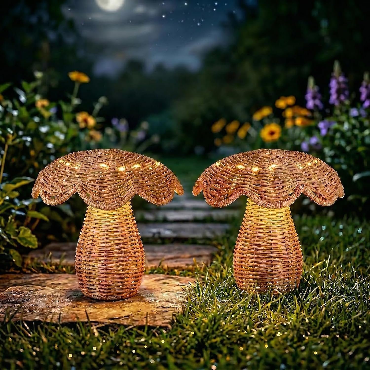 2 Pack Solar Mushroom Rattan Lanterns, 9’’ Handmade Wicker Lamp Mushroom Lights for Indoor Outdoor, Solar Outdoor Lamp Solar Lanterns for Table Deck Yard Patio Walkway Porch, Home Decor, Boho Decor