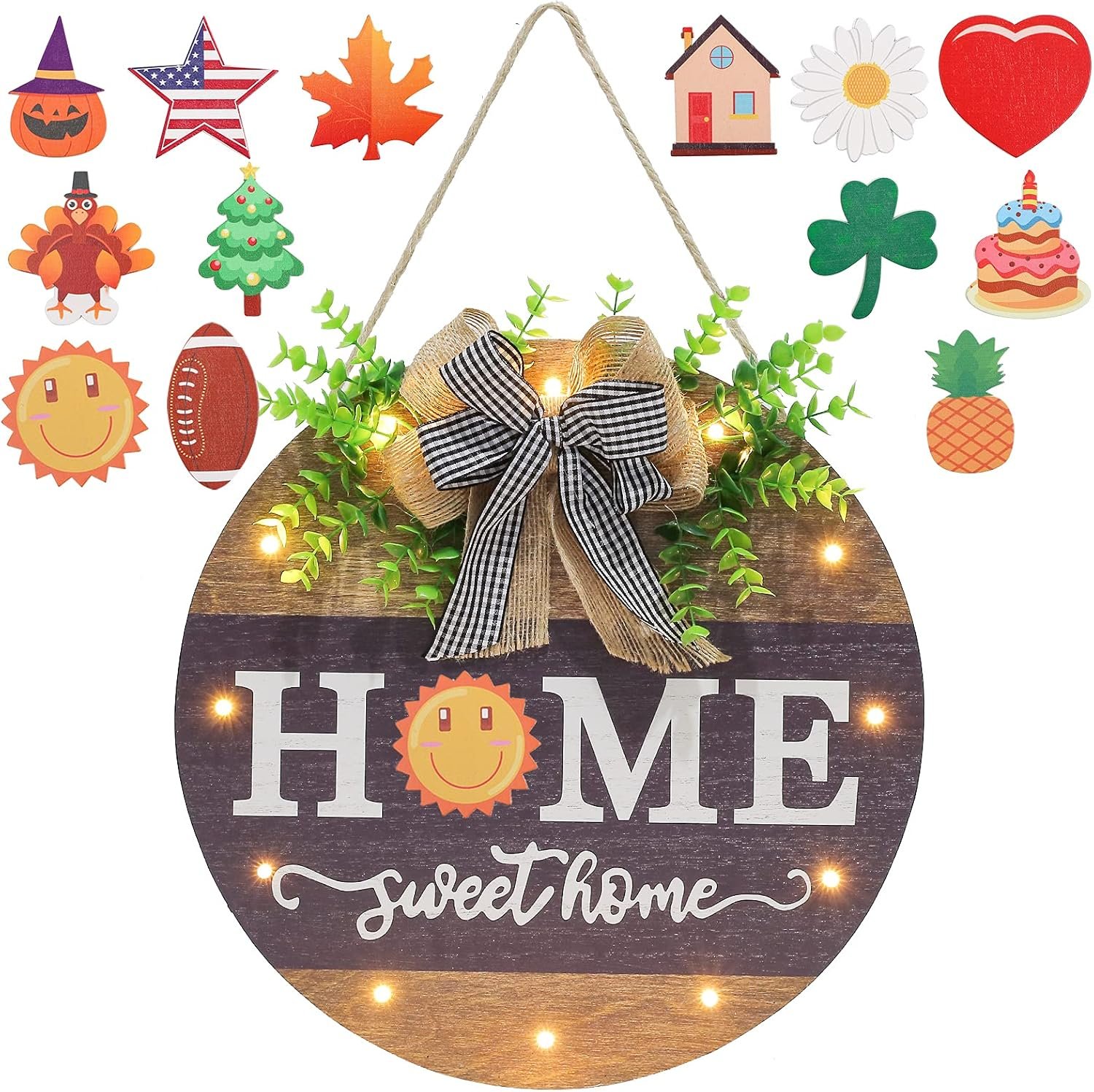 Interchangeable Welcome Sign for Front Door with 14 Changeable Icons, Farmhouse Front Porch Decor Rustic Wooden Wall Sign with 12 LED Lights, Outdoor Seasonal Welcome Home Decorations (Wood home1)