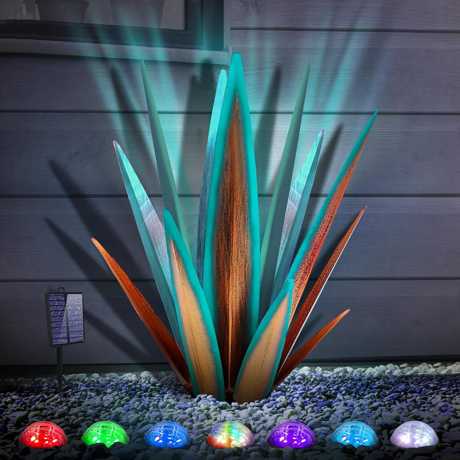 KODIBO 24″ Large Metal Agave Plant Outdoor Decor with Solar Light, Blue