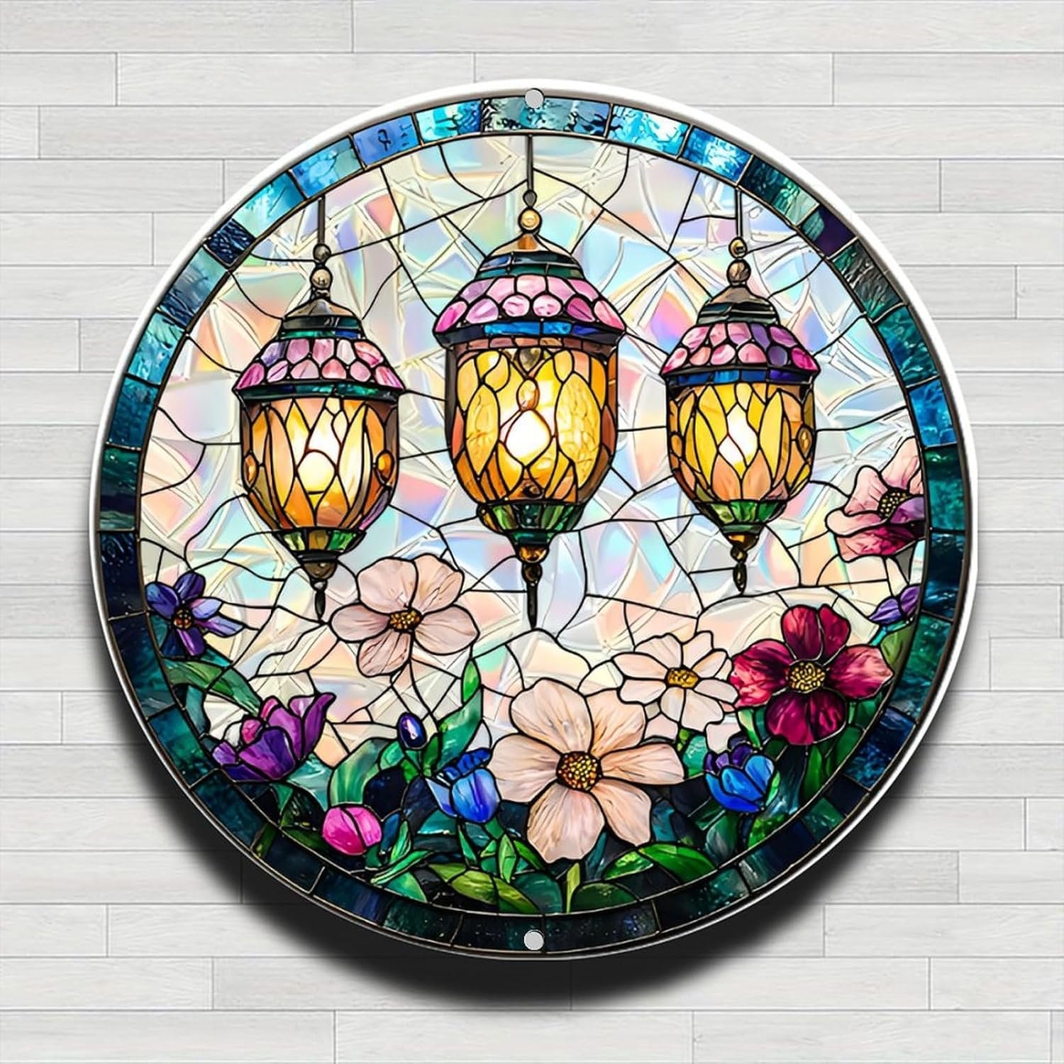 Vintage Lantern & Floral Vintage Rustic Aluminum Metal Round Wall Sign, 8-inch Indoor Outdoor Gifts And Decor for Home, Office, Cafe & Yard Farm