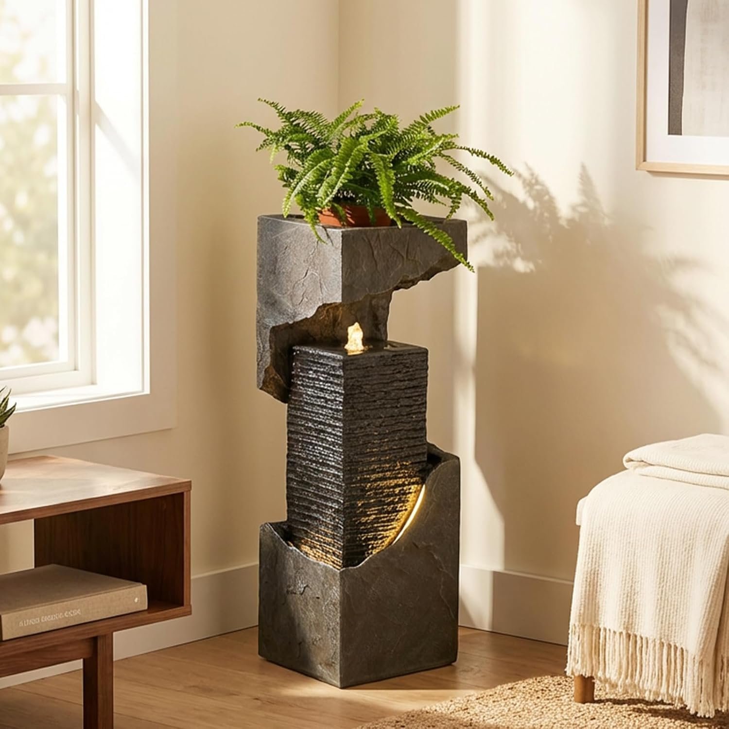 Bumilgar 35.4″ Outdoor Indoor Waterfall Fountain with LED Lights
