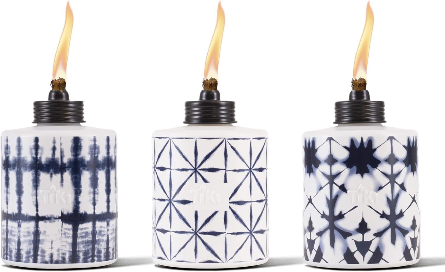 TIKI Glass Tie-Dye Tabletop Torches, 3-Pack – Decorative Outdoor TIKI Torches for Patio, Backyard & Garden – Portable Tabletop Citronella Torches for Outdoor Lighting – Blue, 5.75-Inch