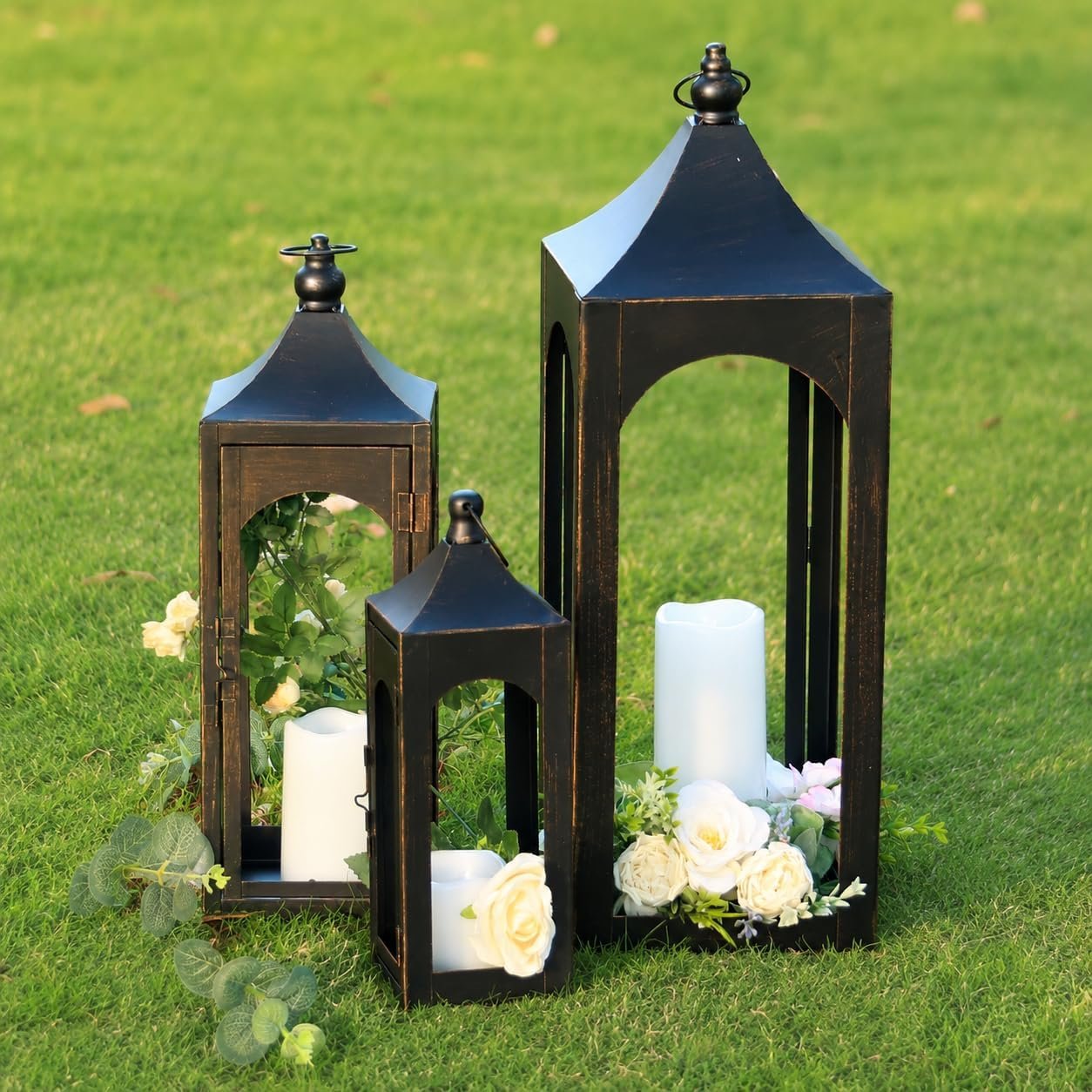 NEEDOMO Lanterns Decorative Indoor&Outdoor, Set of 3 Outdoor Lanterns for Porch, 26″ Metal Frame Candle Holders with LED Candles, Fall, Christmas