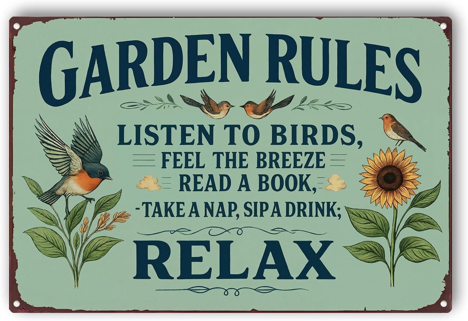 Vintage Relax Garden Rules Bird Sunflower Metal Sign, Retro Plaque Decor