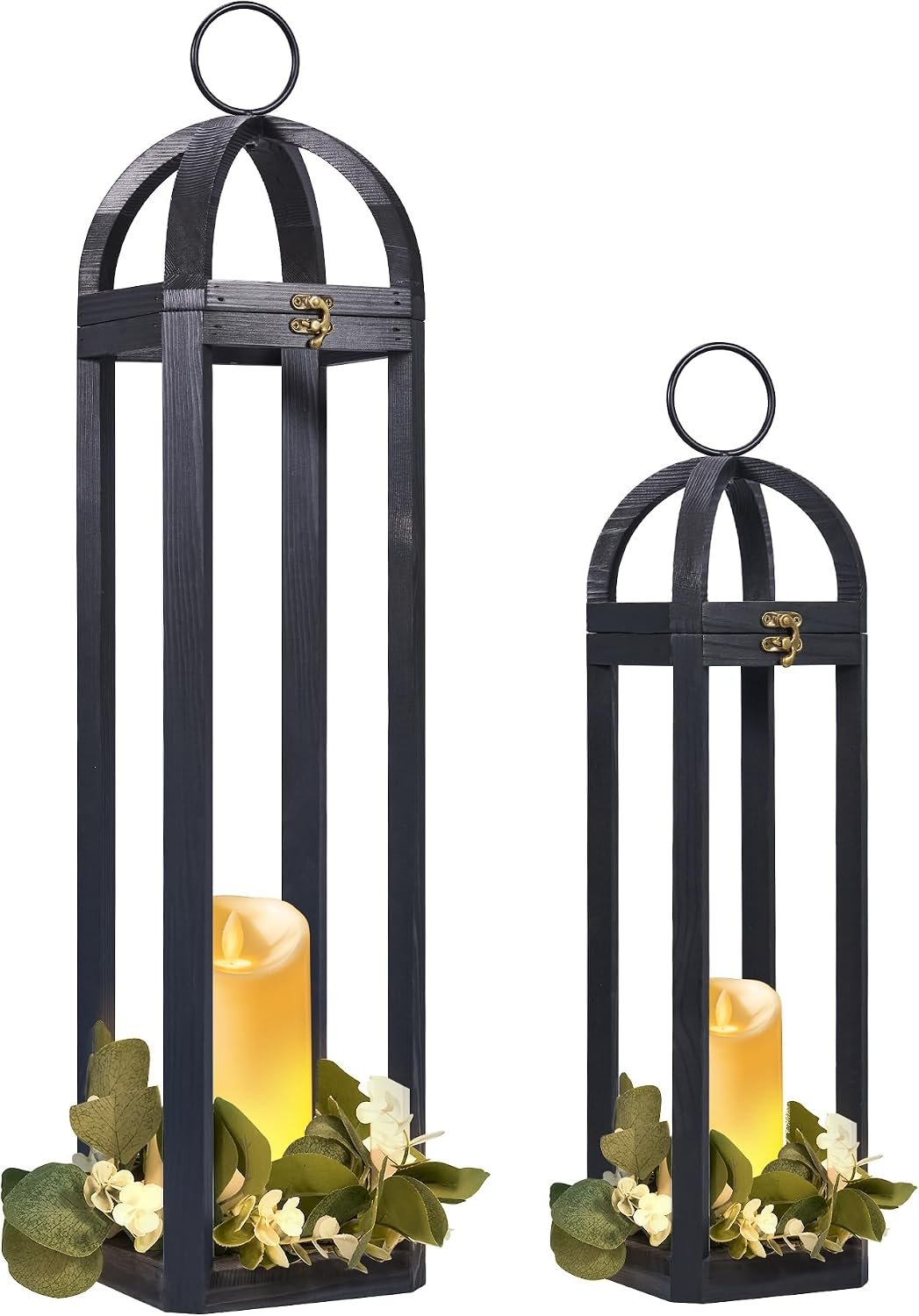 HPC Decor Large Rustic Farmhouse Lantern Decor Set of 2, Tall 30“ Vintage Wooden Lanterns (Black)